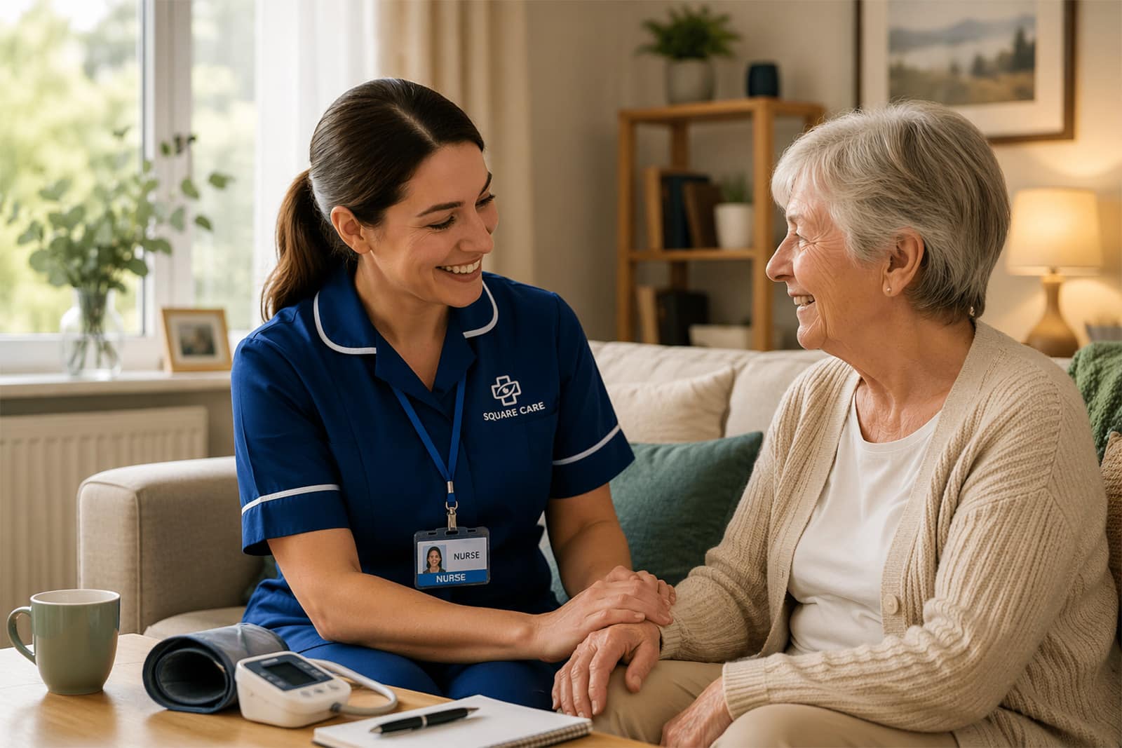 Health check at home with nurse visiting patient in a comfortable home setting