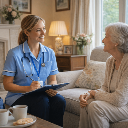 Private nurse providing care at home in a comfortable setting