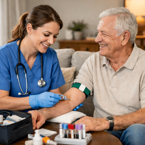Healthcare professional performing a blood test during a home visit in a comfortable British living room